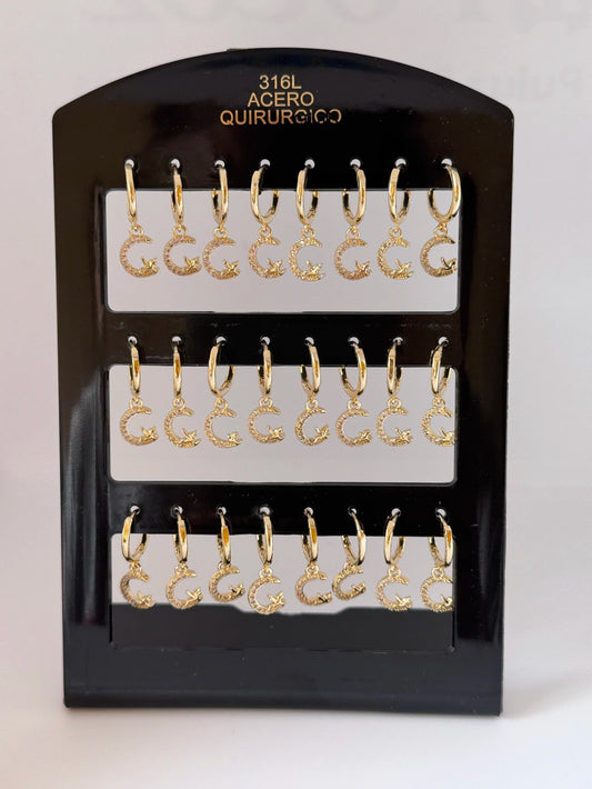 -126B Aritos acero dorado con colgante pack 12