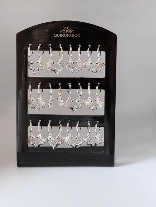 -125C Aritos acero blanco con colgante Delfin pack 12