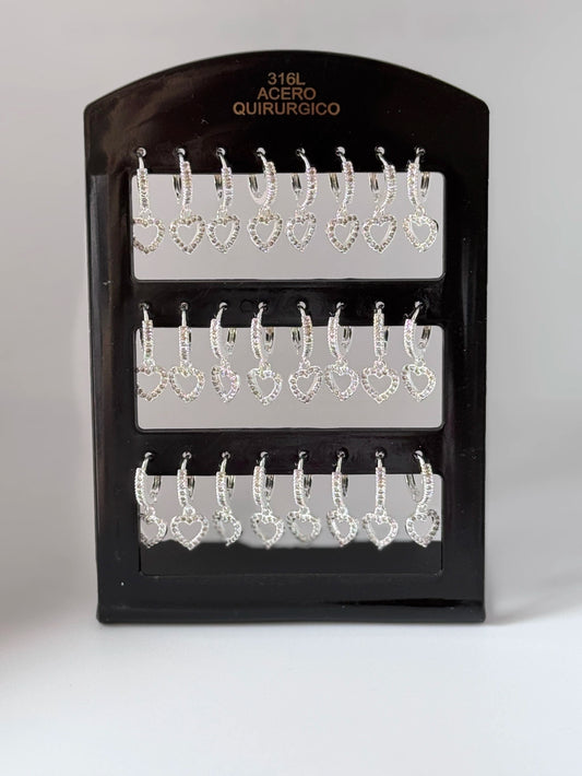 -118C Aritos acero blanco con colgante corazón pack 12
