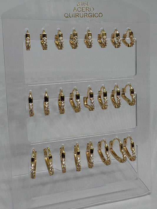890B Aritos de acero dorado con strass x12