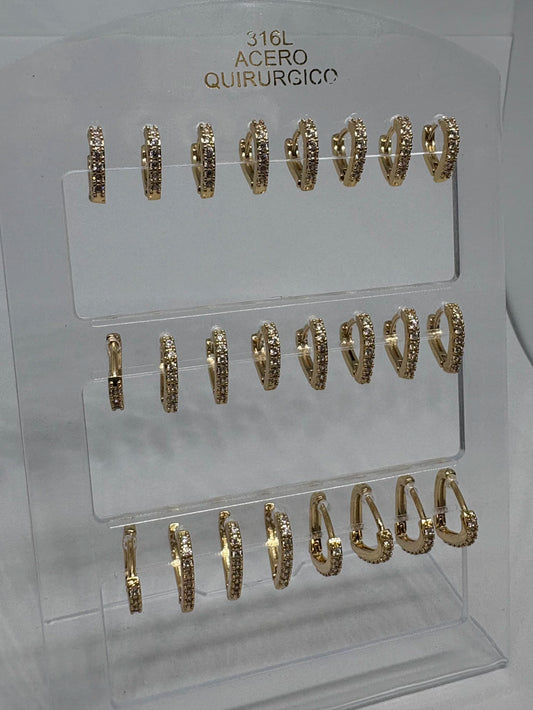 889B Aritos de acero dorado con strass x12