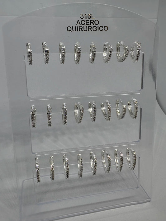 889C Aritos de acero blanco con strass x12