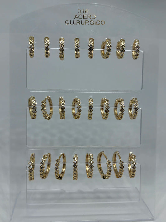 1001B Aritos de acero dorado con strass x12