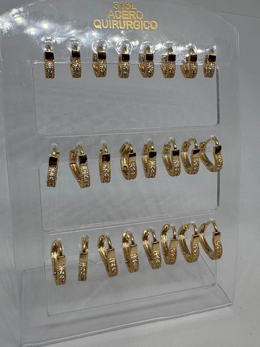 911B Aritos de acero dorado con strass x12