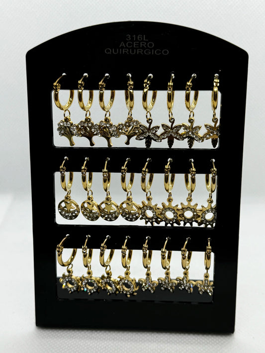 -85B Aritos con colgante por pack acero dorado X12